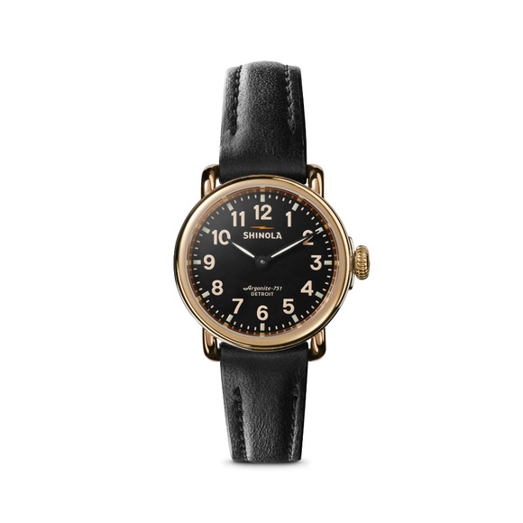 Shinola Runwell 28mm Black Gold Leather Watch